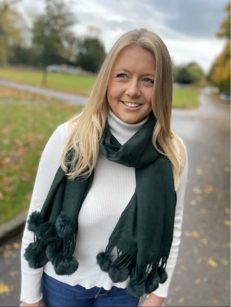 Cashmere Blend Pom Ends Scarf - Green