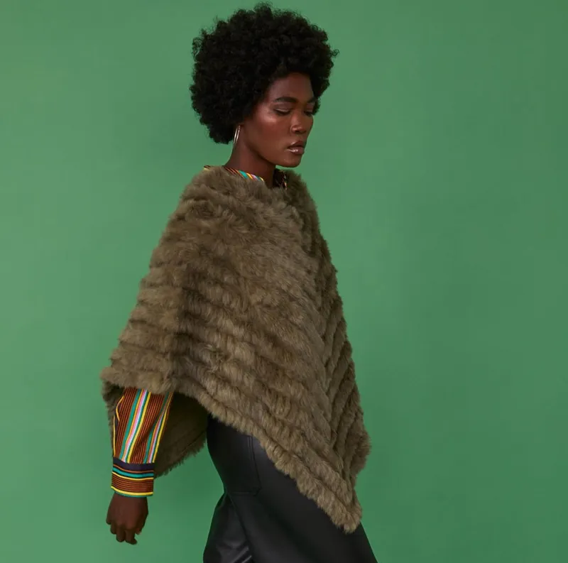 Jayley Coney Fur Poncho - Khaki