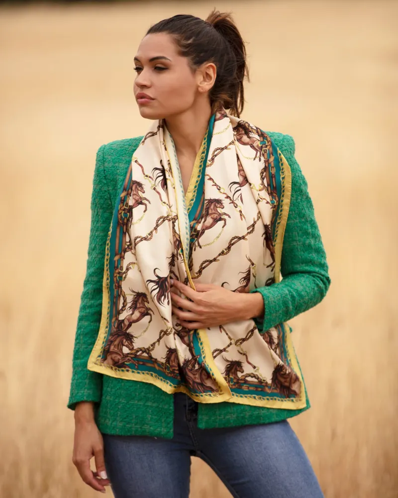 Clare Haggas Rearing To Go Classic Silk Scarf - Oyster/Teal