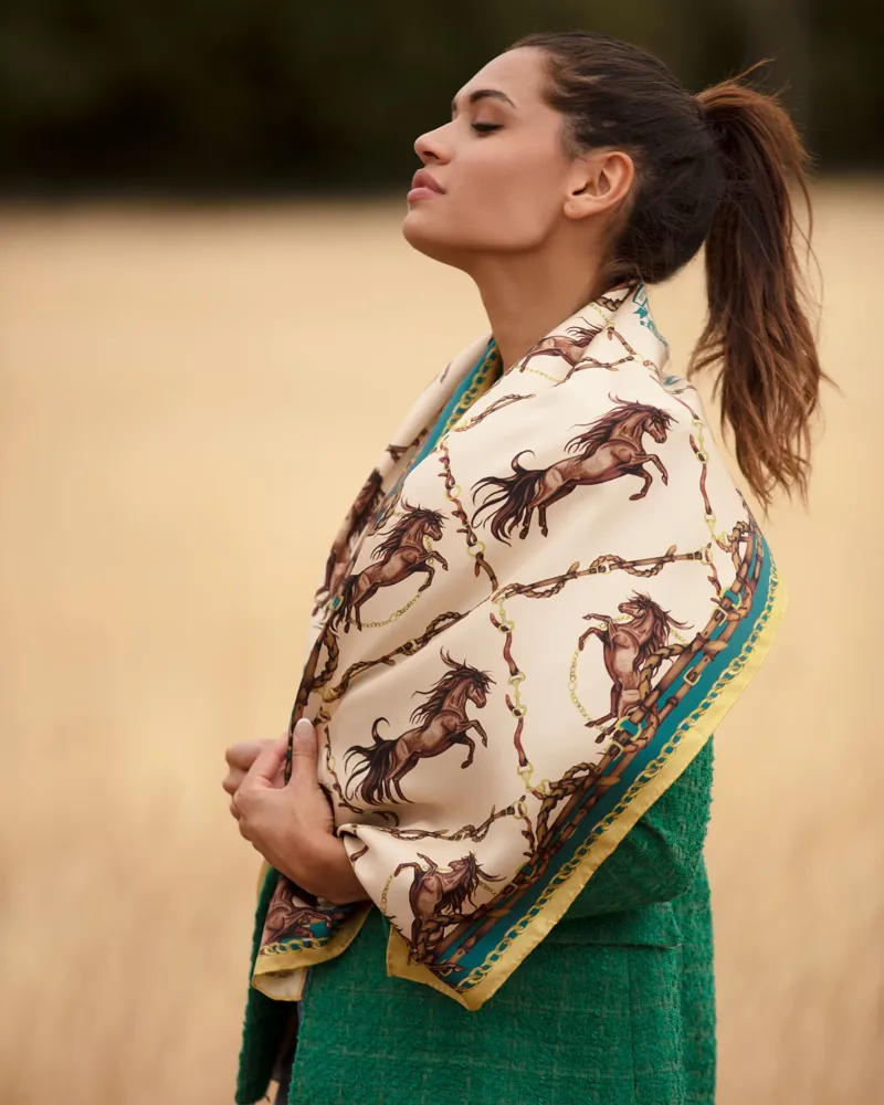 Clare Haggas Rearing To Go Classic Silk Scarf - Oyster/Teal-1