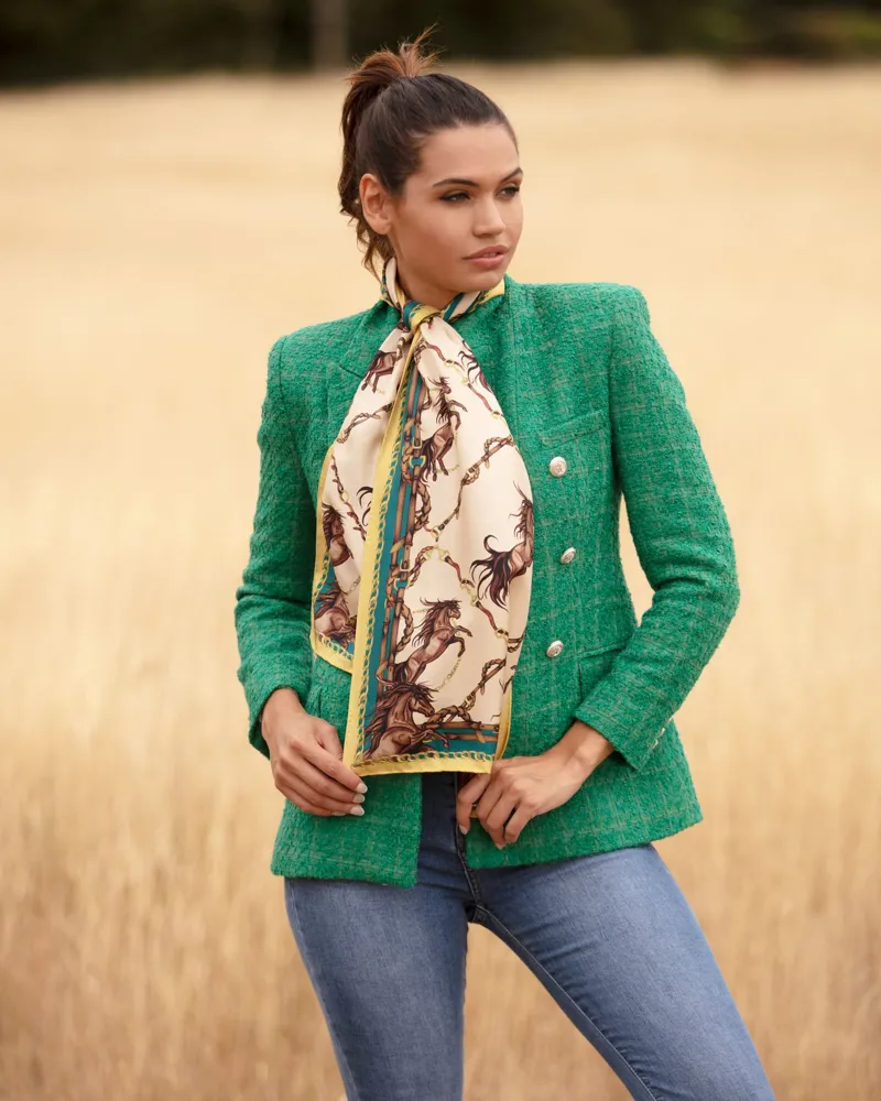 Clare Haggas Rearing To Go Classic Silk Scarf - Oyster/Teal-2