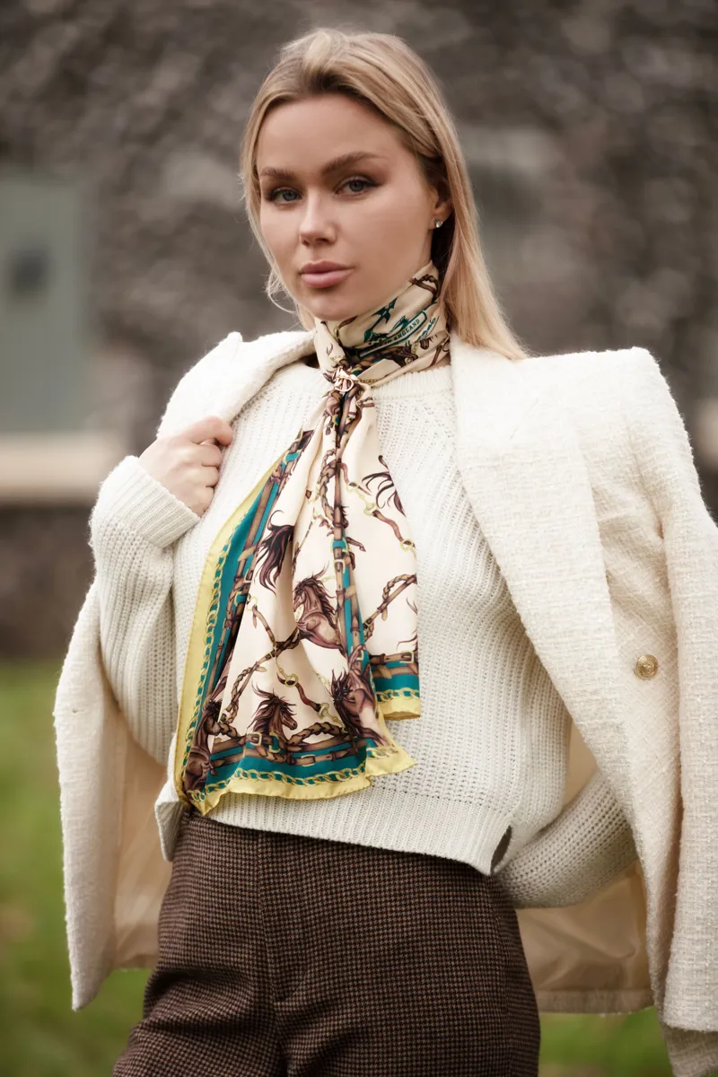 Clare Haggas Rearing To Go Classic Silk Scarf - Oyster/Teal-3