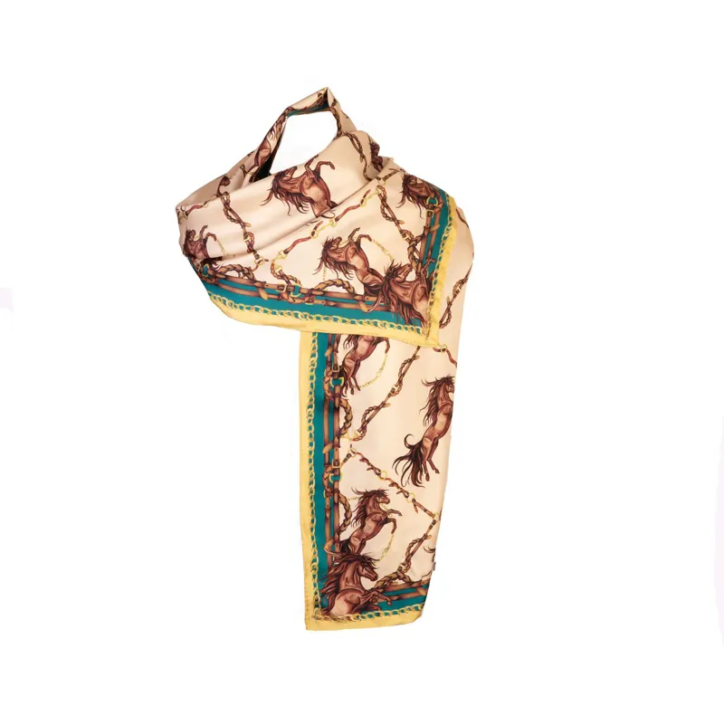 Clare Haggas Rearing To Go Classic Silk Scarf - Oyster/Teal-5