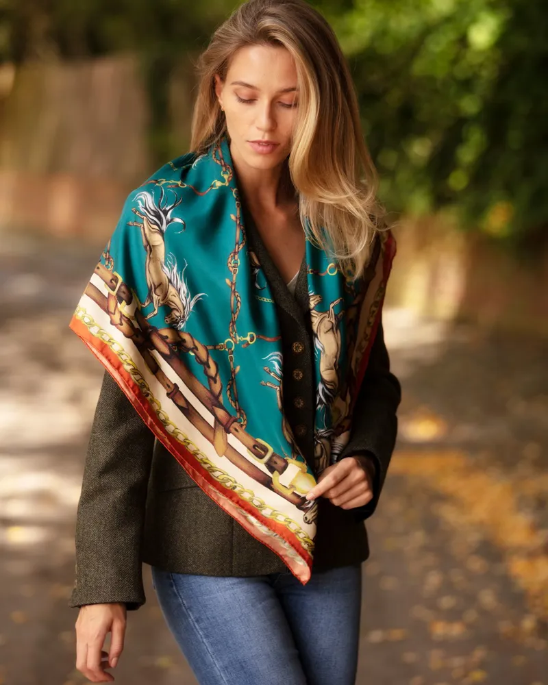 Clare Haggas Rearing To Go Large Silk Scarf - Teal/Rust-2