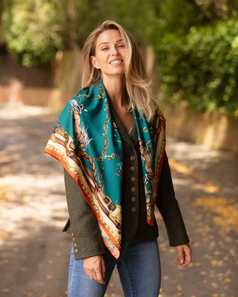Clare Haggas Rearing To Go Large Silk Scarf - Teal/Rust-1