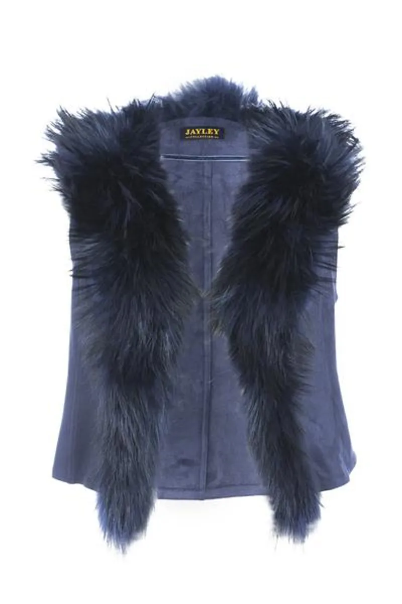 Fox Fur Faux Suede Gilet Navy-2