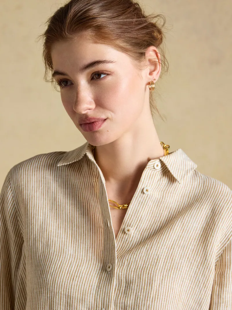 Joules Anna Linen Shirt - Tan Stripe-3