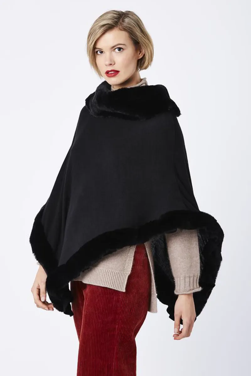 Poncho With Faux Fur Trim Black
