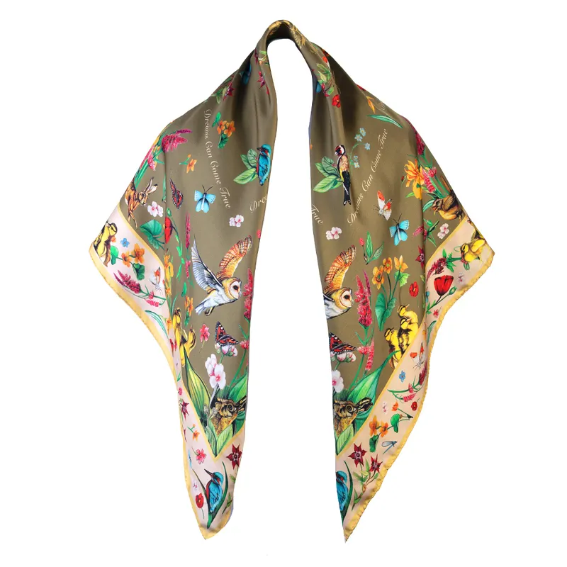 Clare Haggas Dreams Can Come True Large Silk Scarf - Olive/Honey