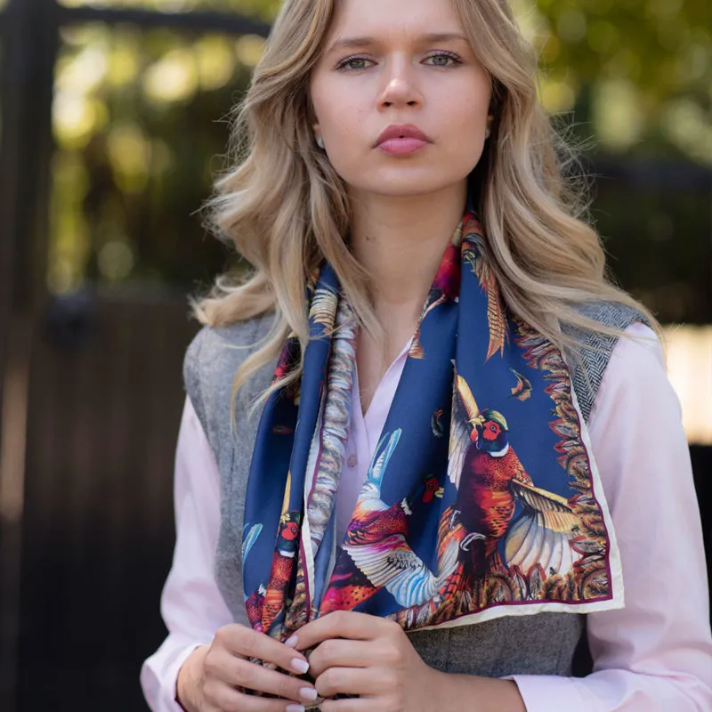 Clare Shaw Navy Turf War Narrow Silk Scarf