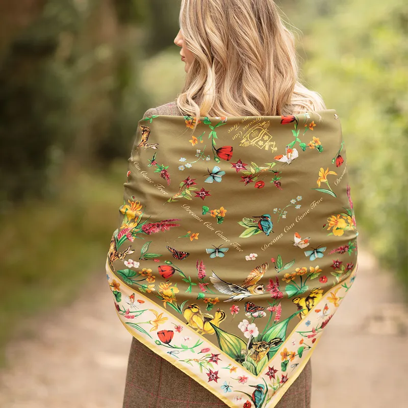 Clare Haggas Dreams Can Come True Large Silk Scarf - Olive/Honey-1