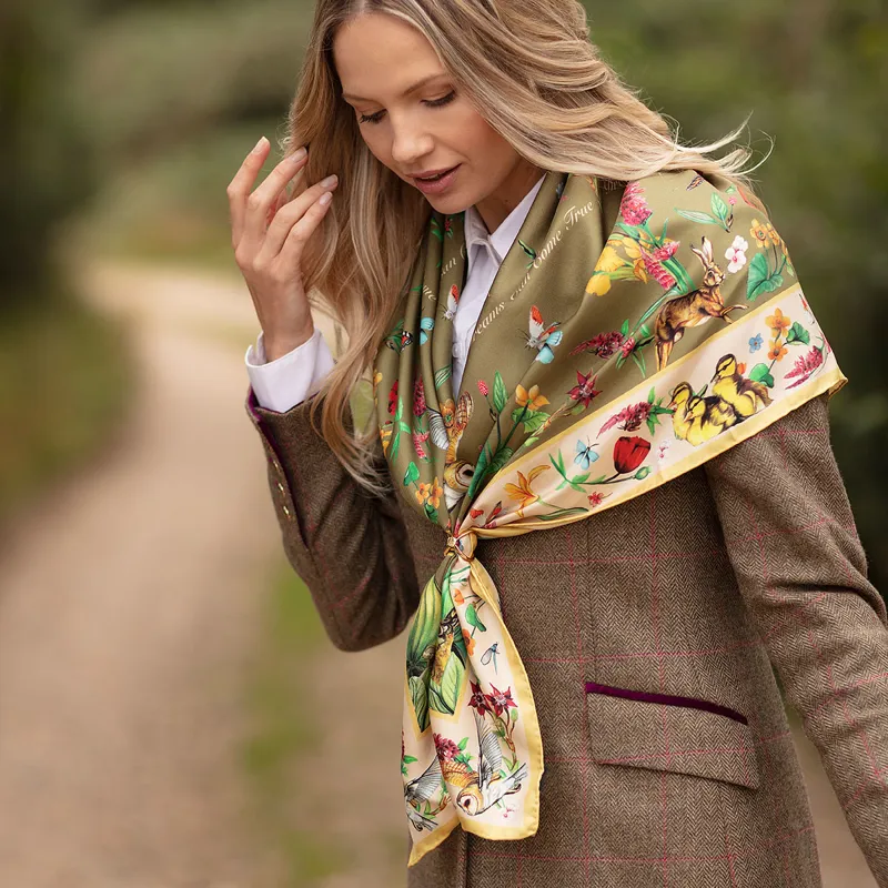 Clare Haggas Dreams Can Come True Large Silk Scarf - Olive/Honey-2