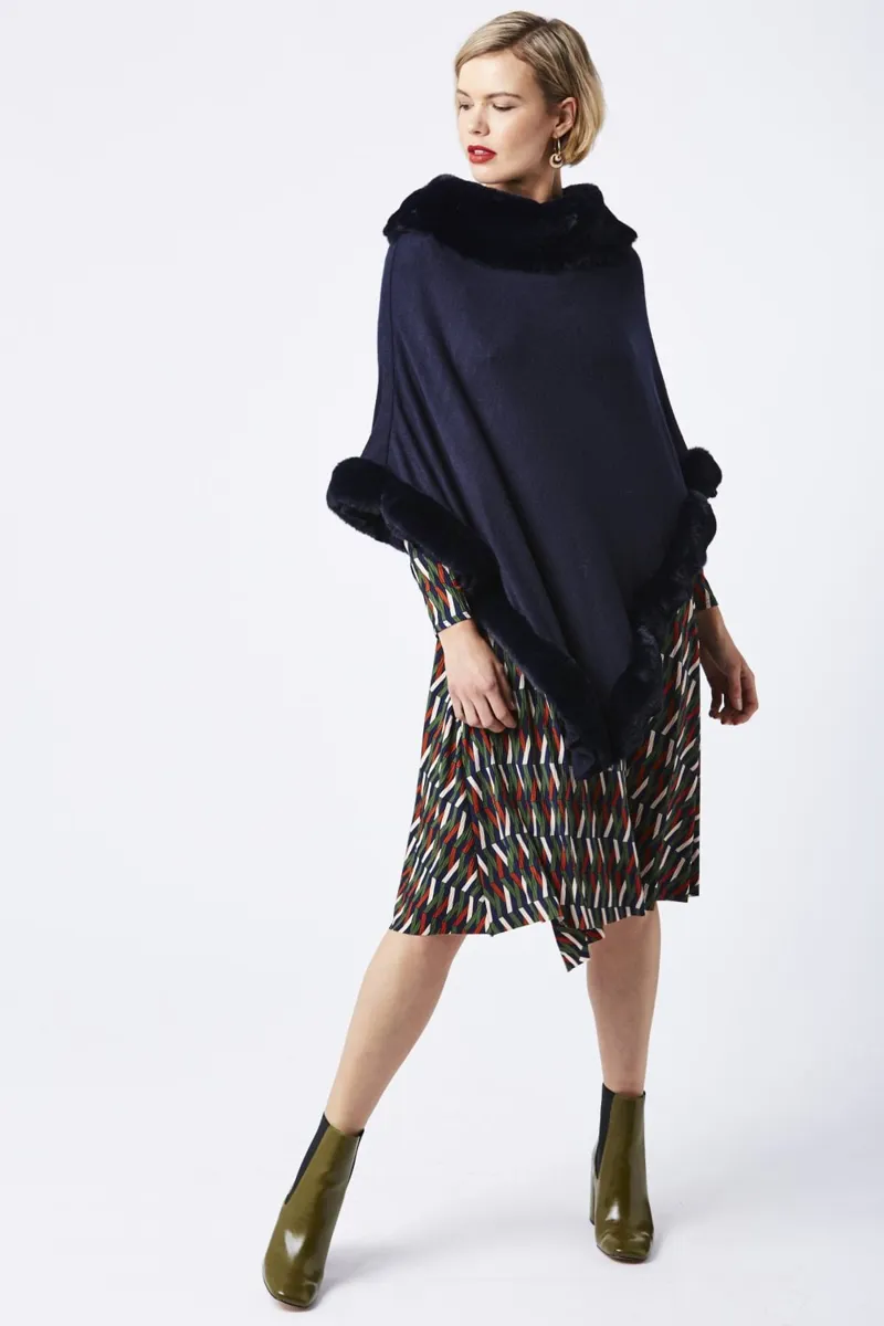 Poncho With Faux Fur Trim Navy