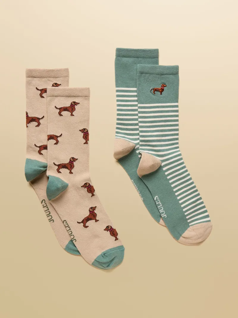 Joules Everyday 2 Pack Socks - Green Dash