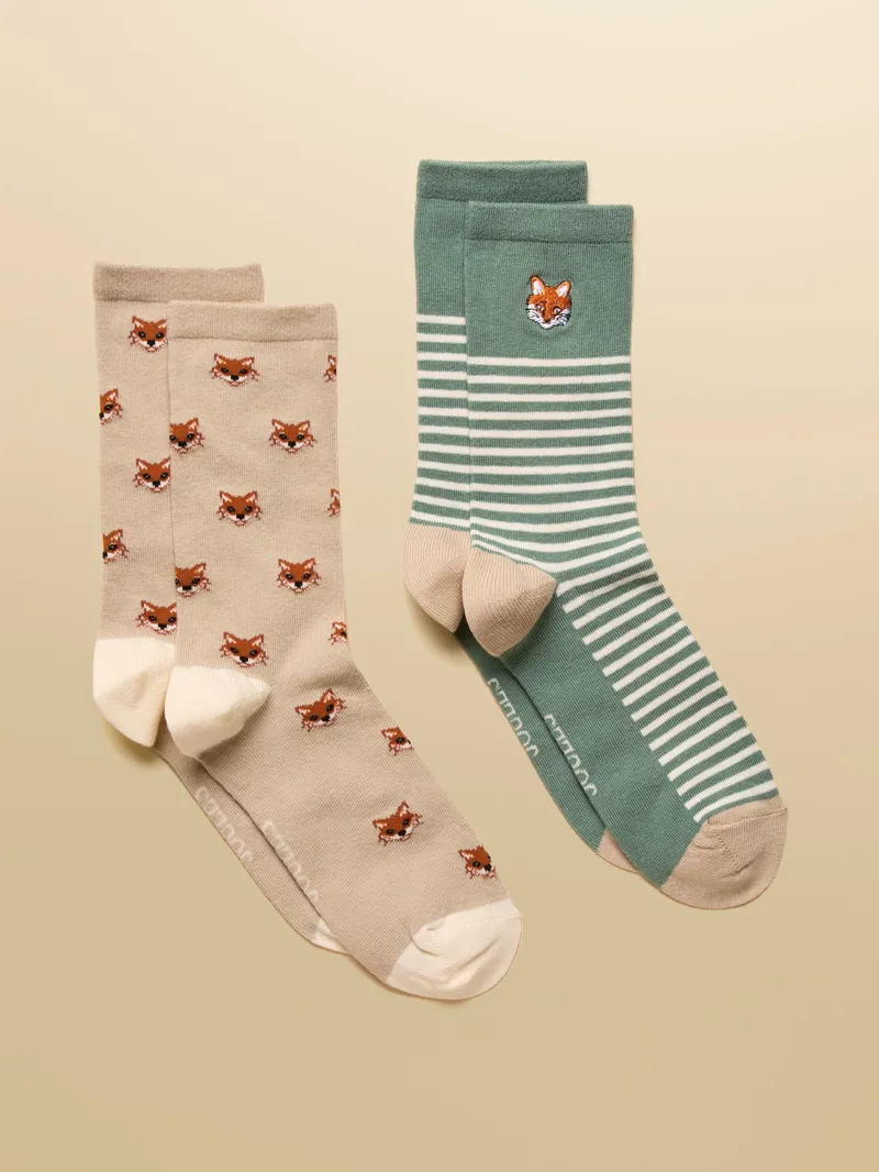 Joules Everyday 2 Pack Socks - Khaki Fox