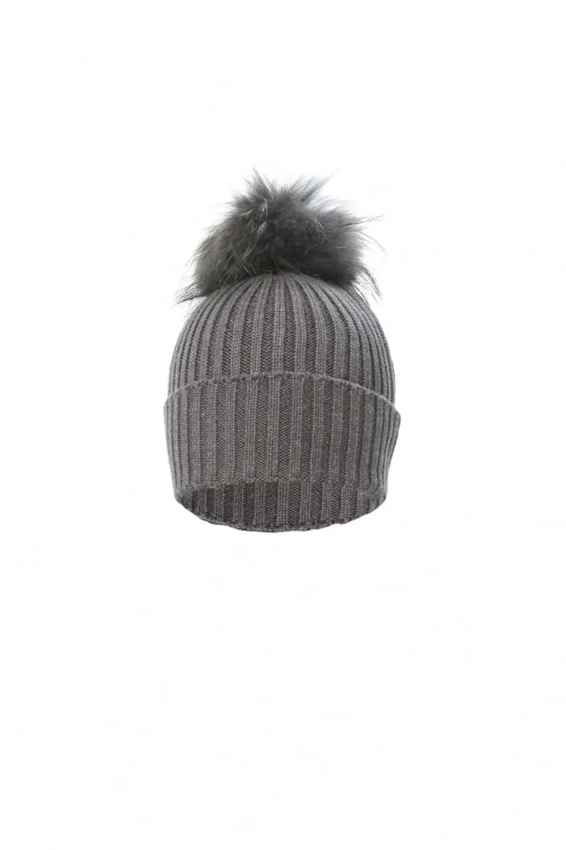Wool Blend Fur Pom Hat - Charcoal