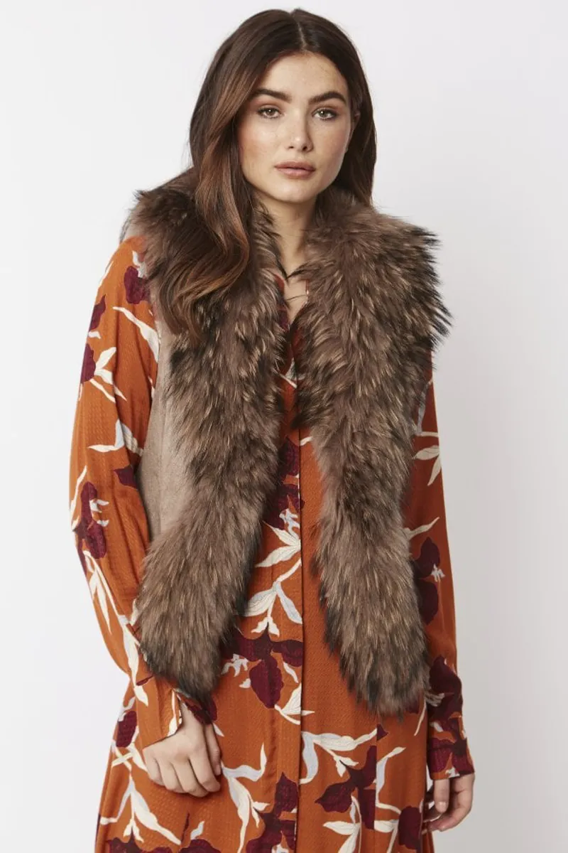 Fox Fur and Faux Suede Gilet Almond-1