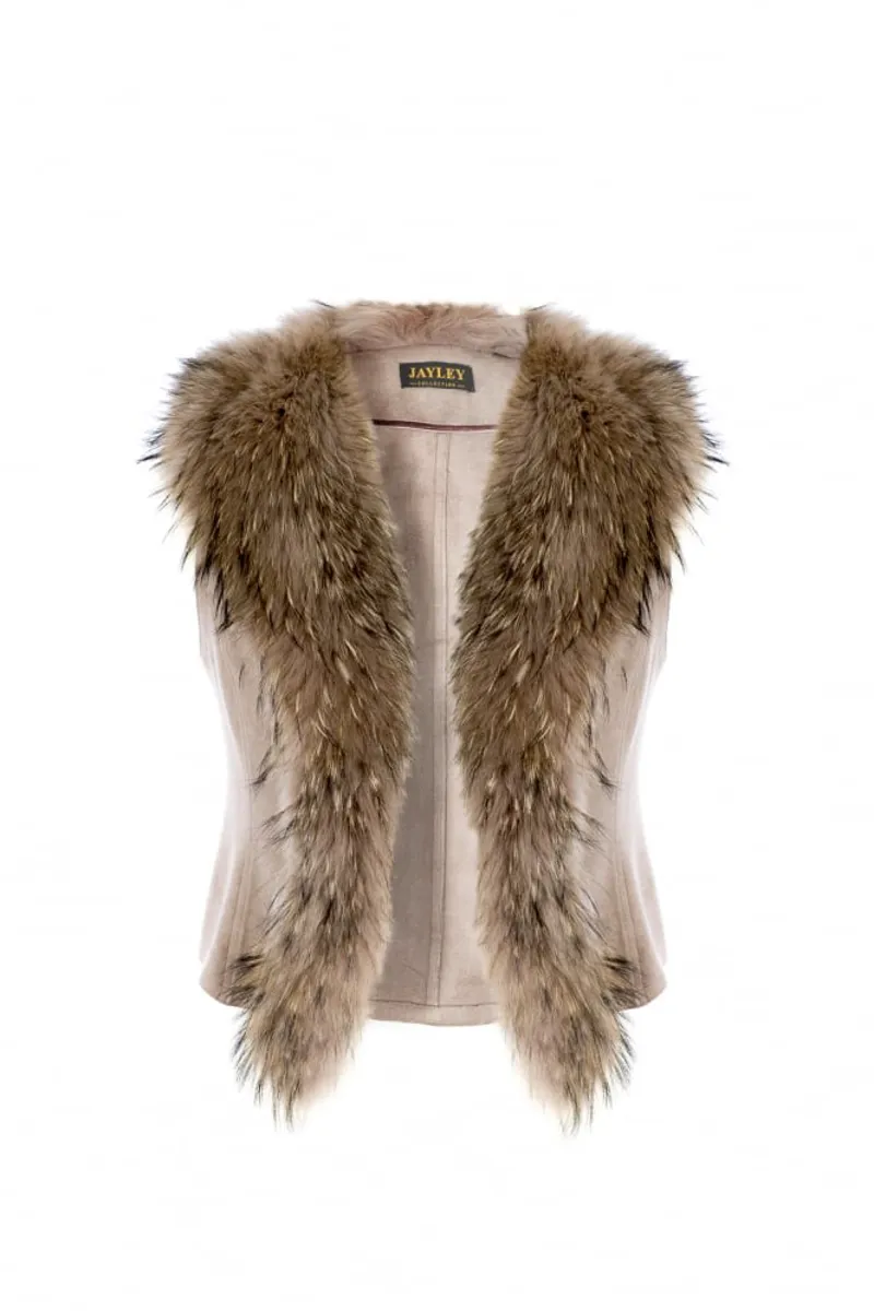 Fox Fur and Faux Suede Gilet Almond