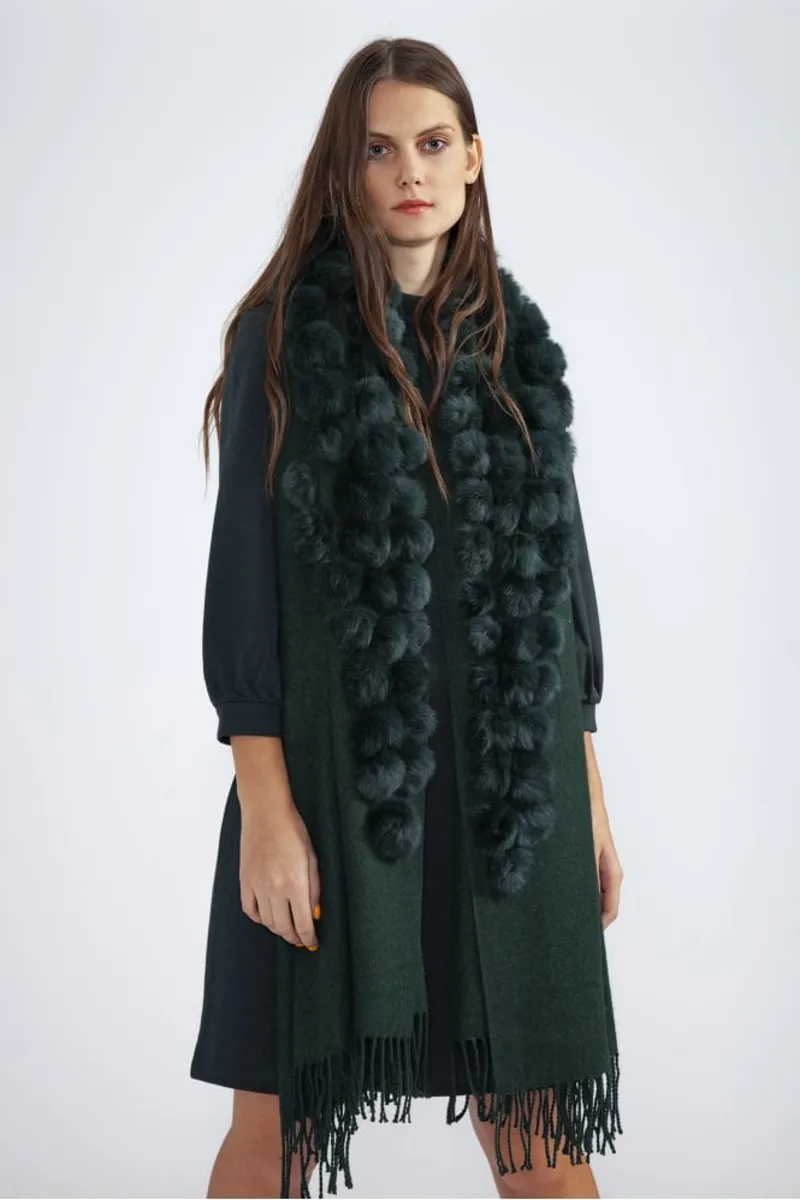 Cashmere Blend Scarf or Wrap With Coney Fur Pom Poms - Green