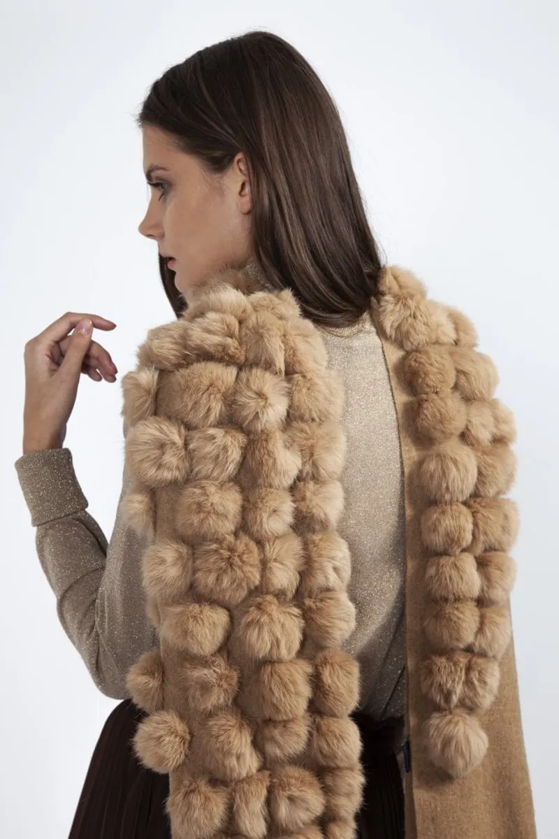 Cashmere Blend Scarf or Wrap With Coney Fur Pom Poms - Mocha-1