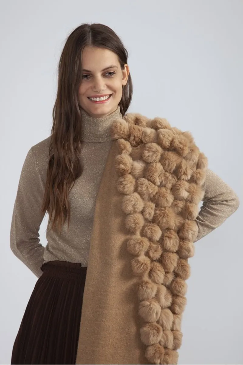 Cashmere Blend Scarf or Wrap With Coney Fur Pom Poms - Mocha