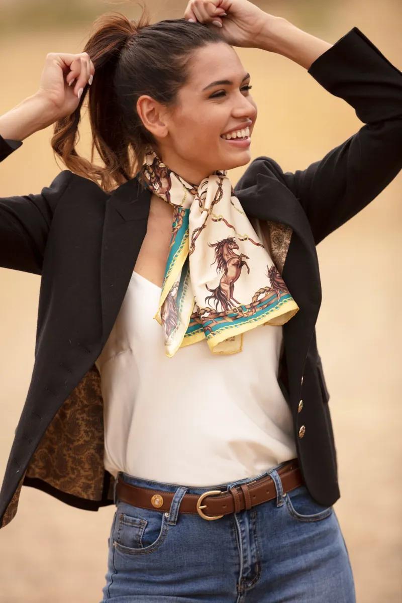 Clare Haggas Rearing To Go Narrow Silk Scarf - Oyster/Teal-2